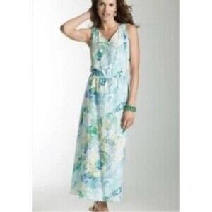 J Jill Sleeveless Pacific Blue Green Watercolor Cotton Silk  Maxi Dress Size L